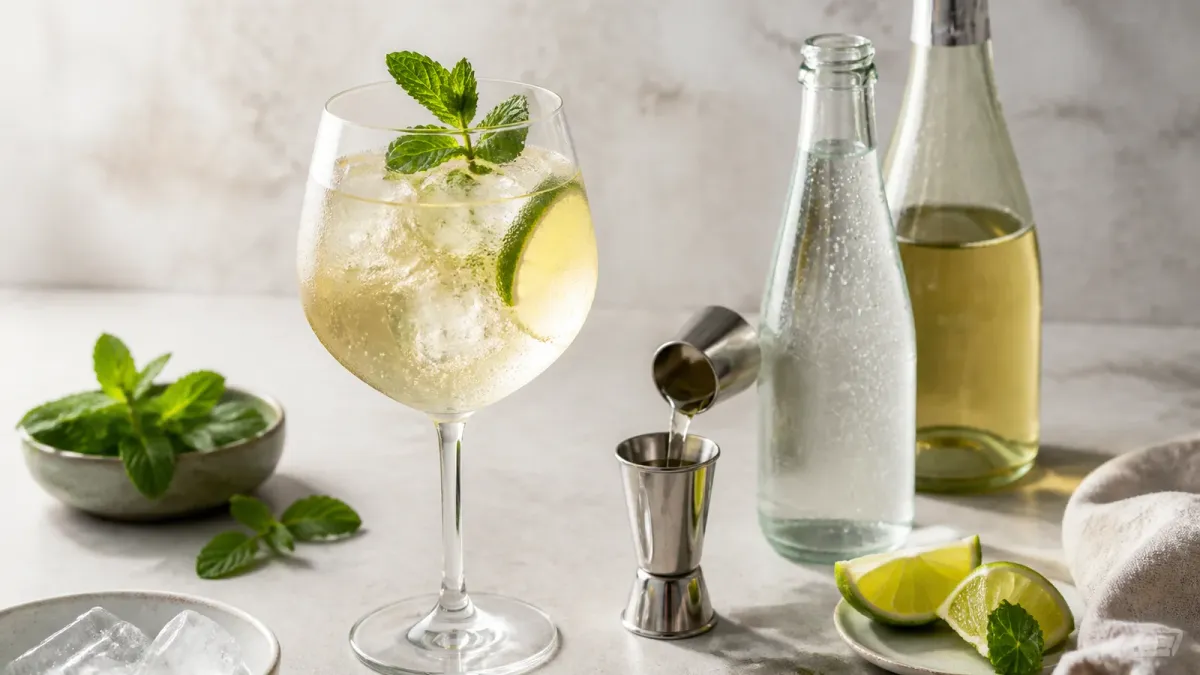 A Hugo-style spritz glass with mint, lime, ice and measured cocktail ingredients on a tabletop.