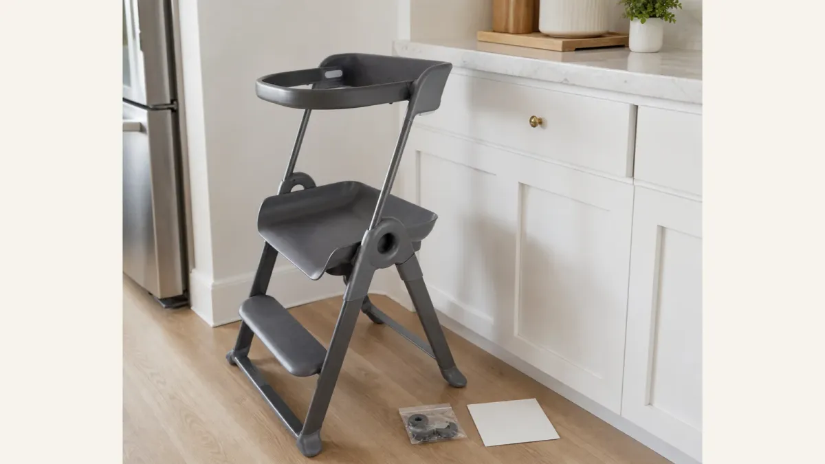 A Boon PIVOT toddler tower shown in a kitchen-style safety check with the top rail and standing platform visible