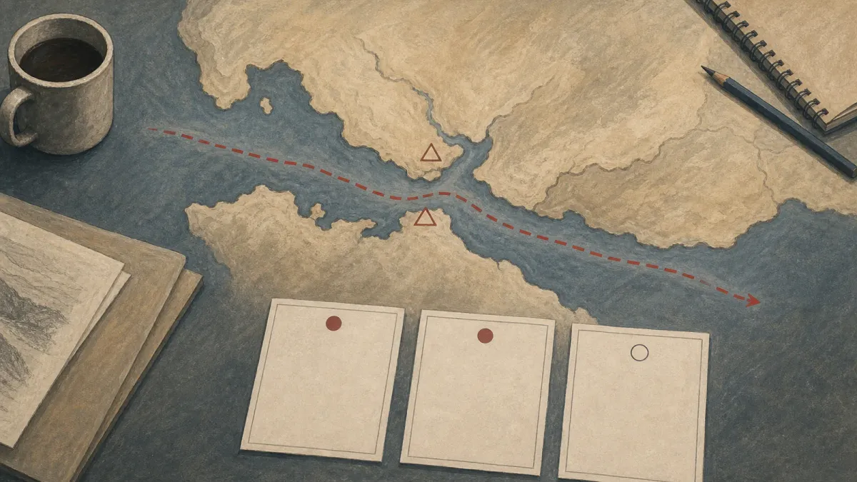 Editorial illustration of a regional briefing table with a dim map, casualty notices, and shipping-route markers