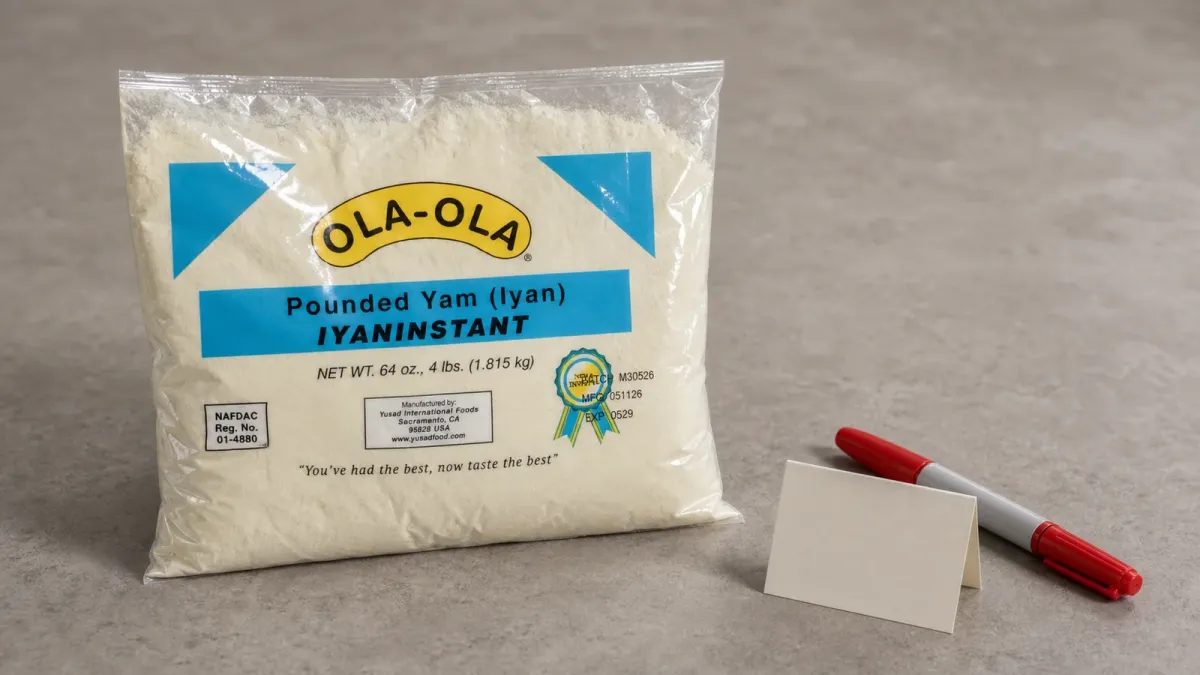 Ola-Ola Pounded Yam packaging shown on a neutral surface with the front label visible