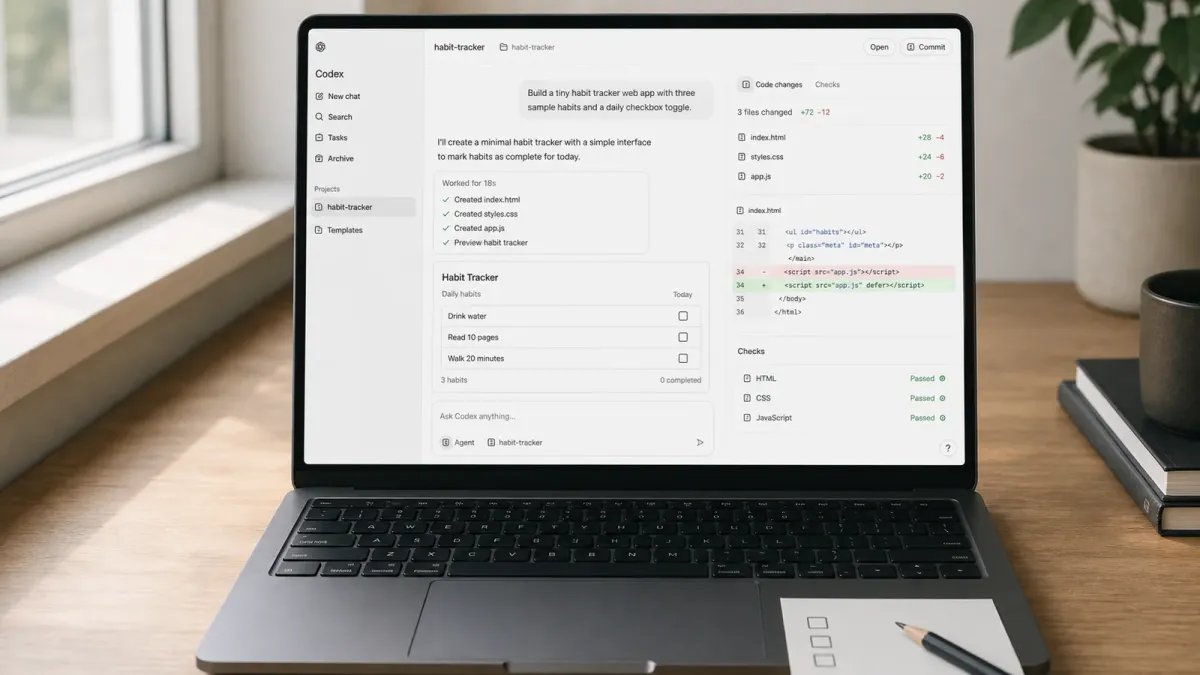 A laptop showing the recognizable Codex workspace beside a small habit-tracker preview, code changes and a paper verification checklist