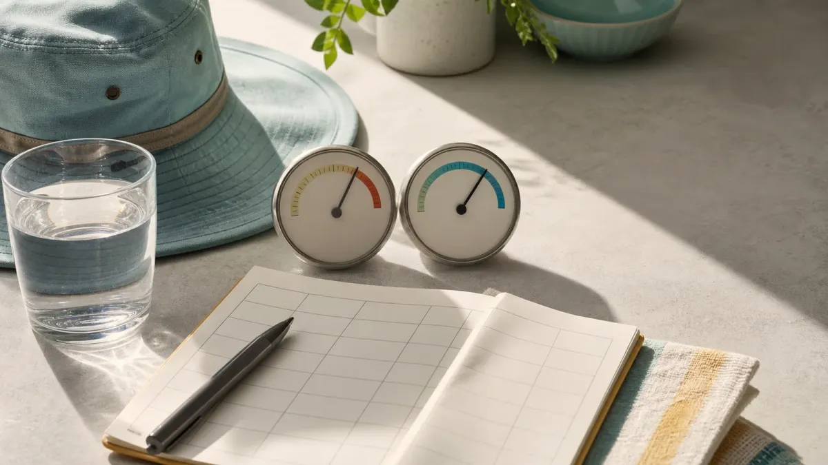 A tabletop heat-planning setup with weather dials, water, a hat and shade.