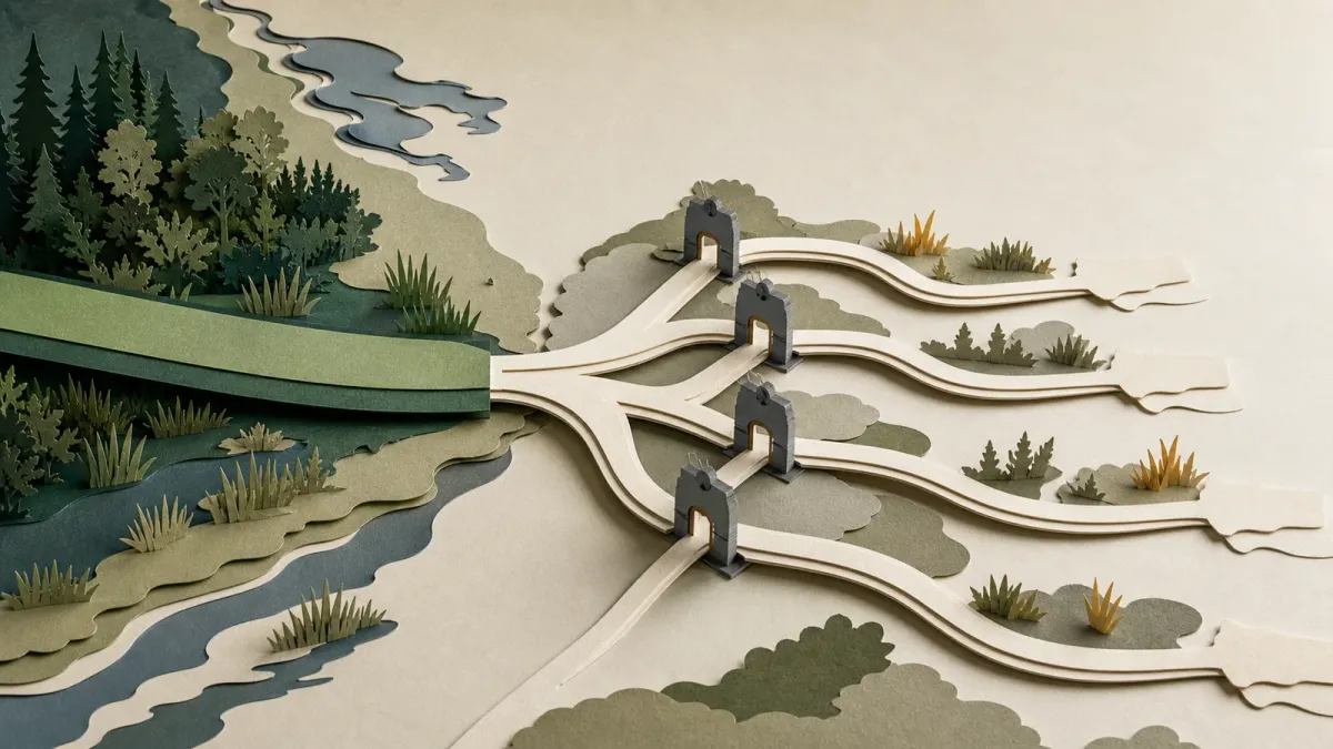 Illustration of a federal wildlife protection rule splitting from one automatic path into several species-specific review paths.