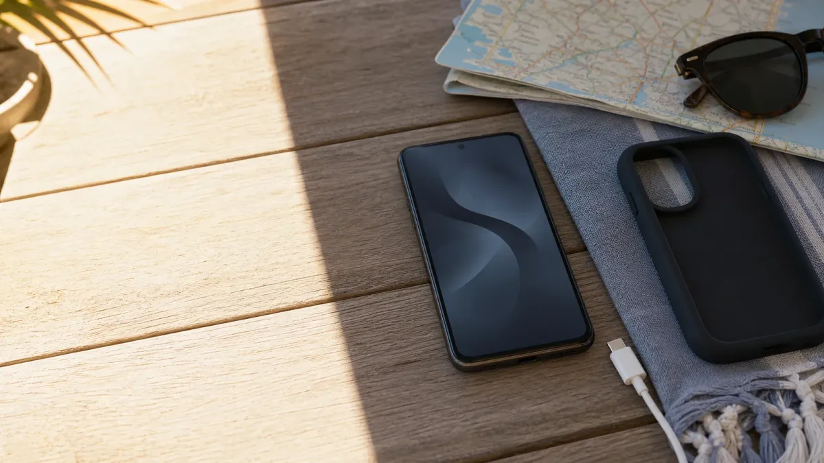 A smartphone cooling in the shade beside a loose case, unplugged cable and folded map