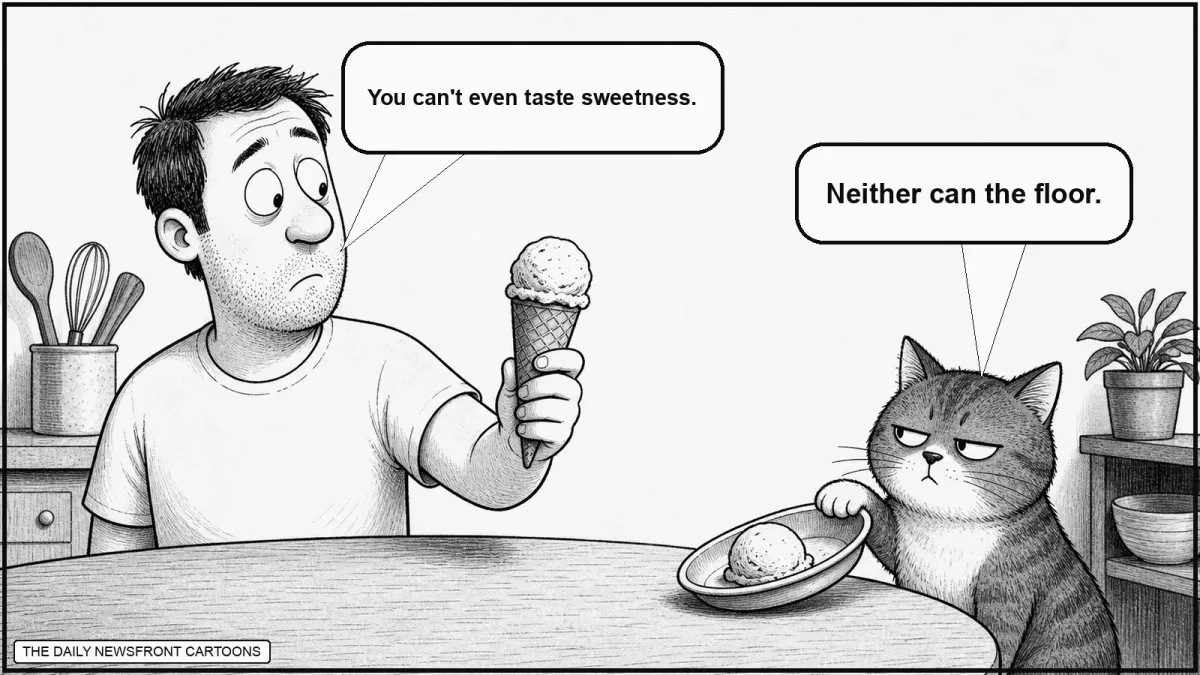 A person holding an ice cream cone tells a deadpan cat that cats cannot taste sweetness. With one paw tipping a scoop toward the table edge, the cat replies that neither can the floor.