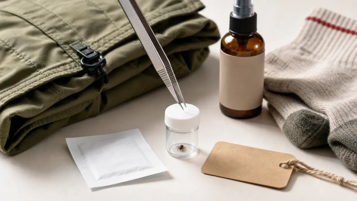 A tick removal kit with tweezers, a sealed jar, repellent, and hiking socks arranged on a clean tabletop