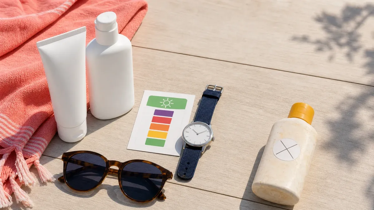 Unbranded sunscreen bottles, sunglasses, a towel, a watch and a UV Index card arranged as a summer sun-protection checklist