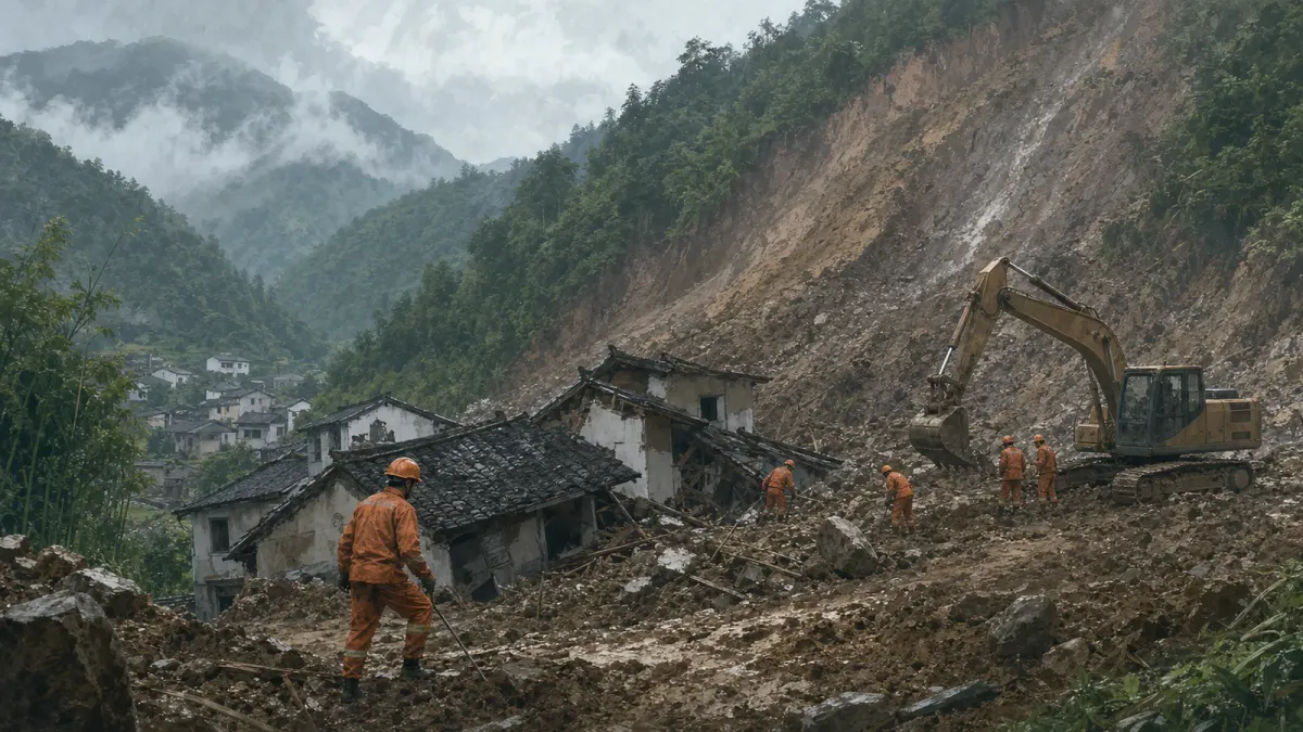 Editorial illustration of rescue crews working near a mountain landslide above damaged homes in southwest China