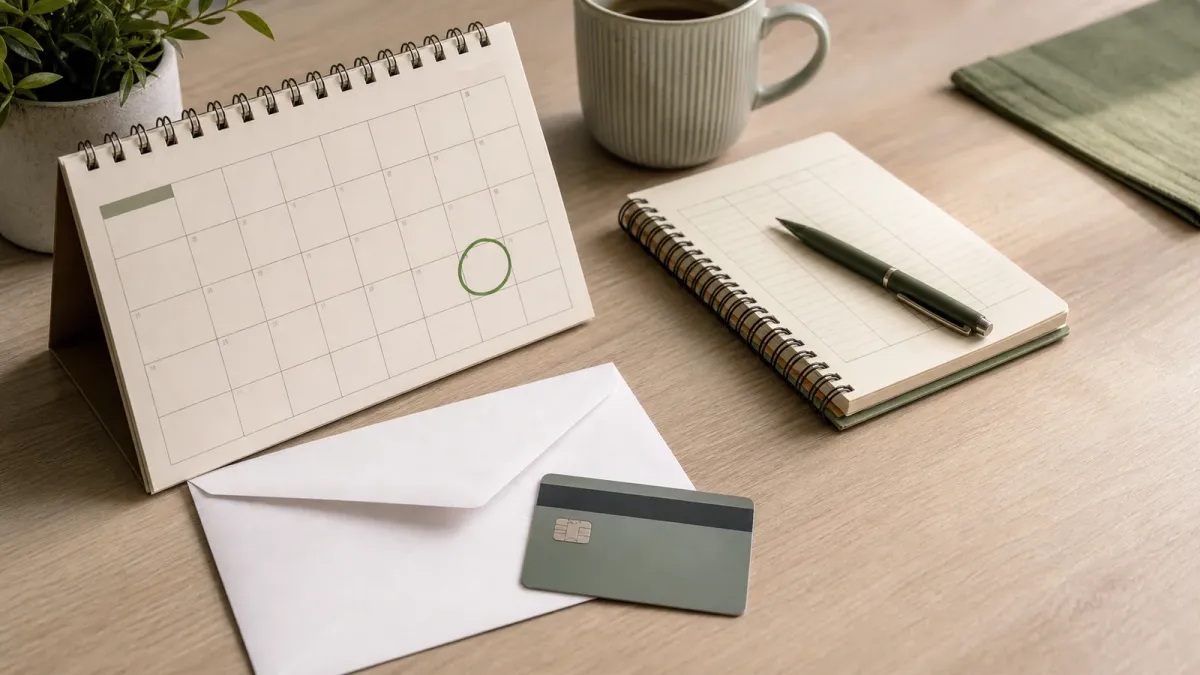 A payment card, sealed envelope, and monthly calendar arranged around a circled late-month date