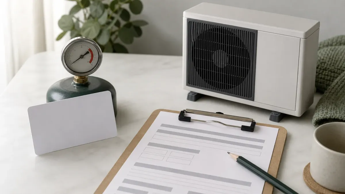 A home energy upgrade still life with a heat pump unit, an oil tank gauge and a grant voucher card