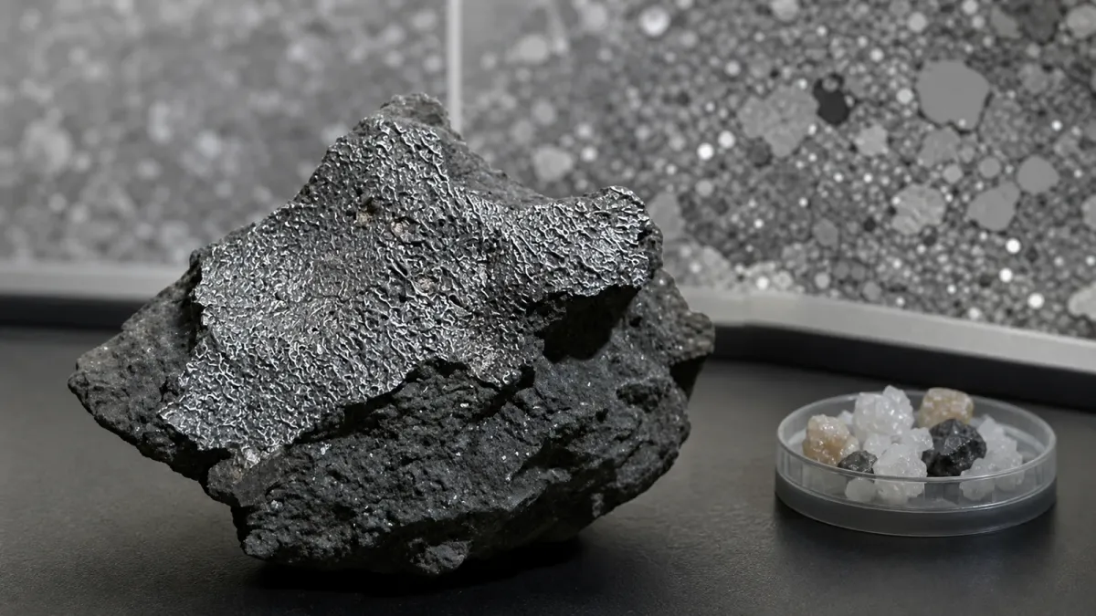 A dark fragment of the Hillsborough meteorite shown beside a lab-style mineral texture reference