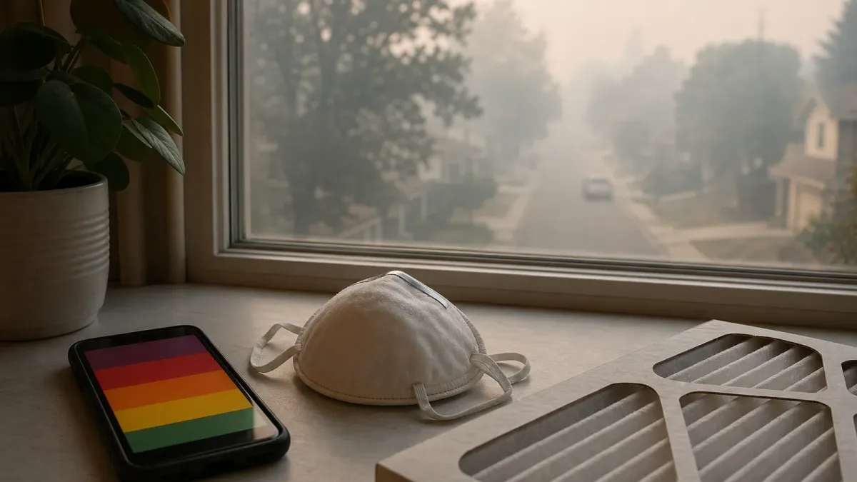 A hazy neighborhood window with a phone showing an air quality check beside an N95 mask and home air filter