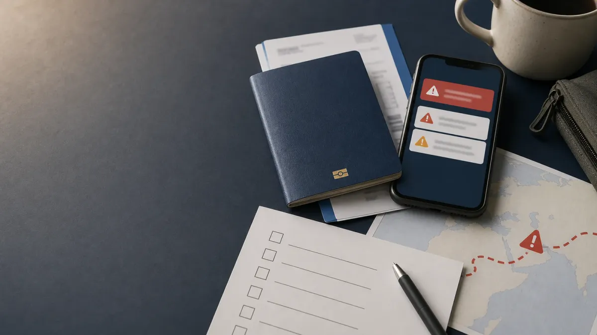 A travel checklist with a passport, phone alert shapes and unreadable boarding-pass papers arranged on a table.