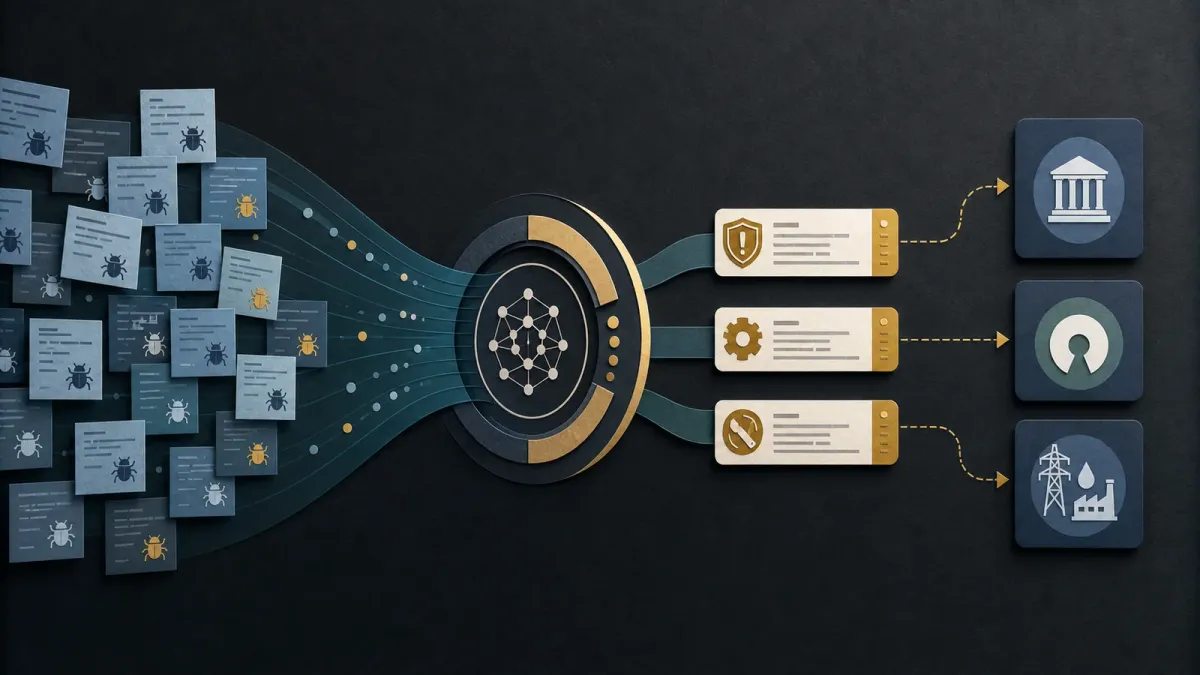 A diagram-style illustration of software flaw reports moving through an AI sorting layer toward prioritized patch cards for critical infrastructure systems