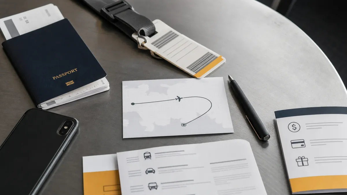 Travel documents and a boarding pass arranged around a rerouted flight path card