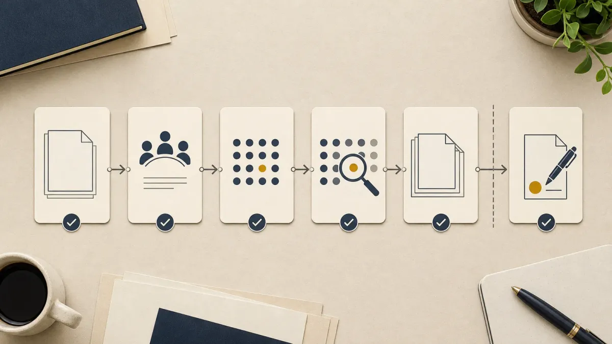 A desk diagram shows a generic bill moving through review stages with a magnifying glass over the latest action checkpoint.