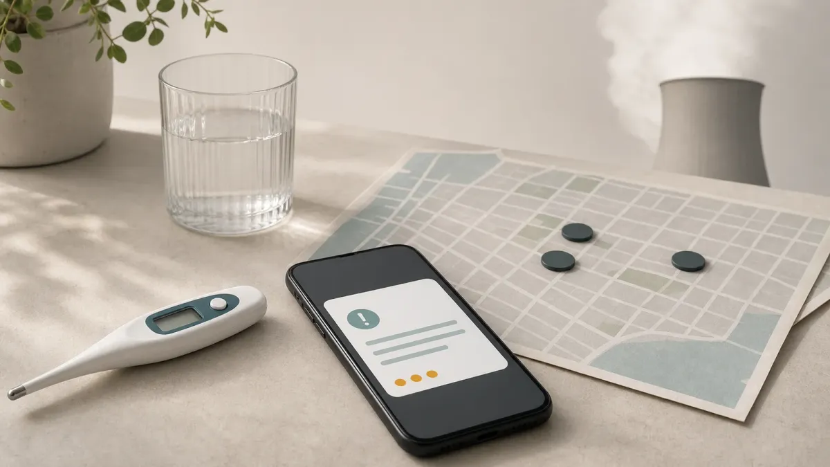 A thermometer, plain phone alert, unlabeled map grid and three markers arranged as a health-check still life.