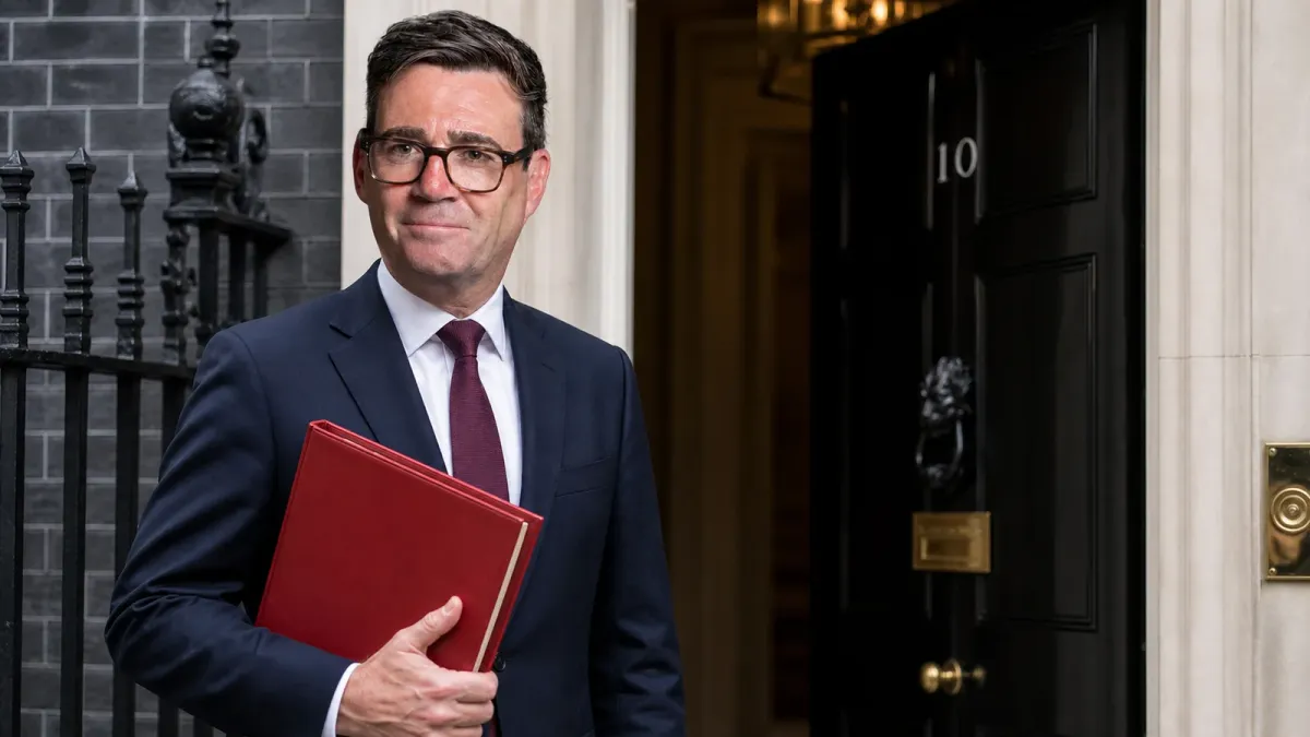 Andy Burnham shown beside the black door of 10 Downing Street with a red ministerial folder, illustrating Britain's leadership handover