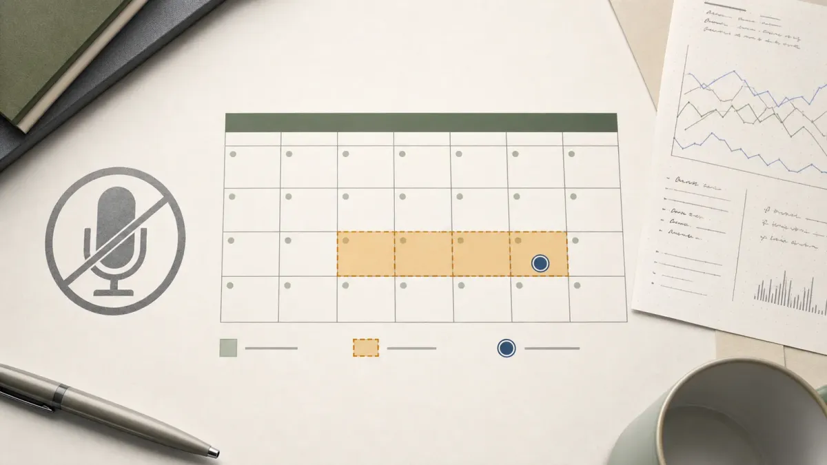 A diagram-style desk scene with a shaded calendar window, muted microphone and market notes representing the Fed blackout period