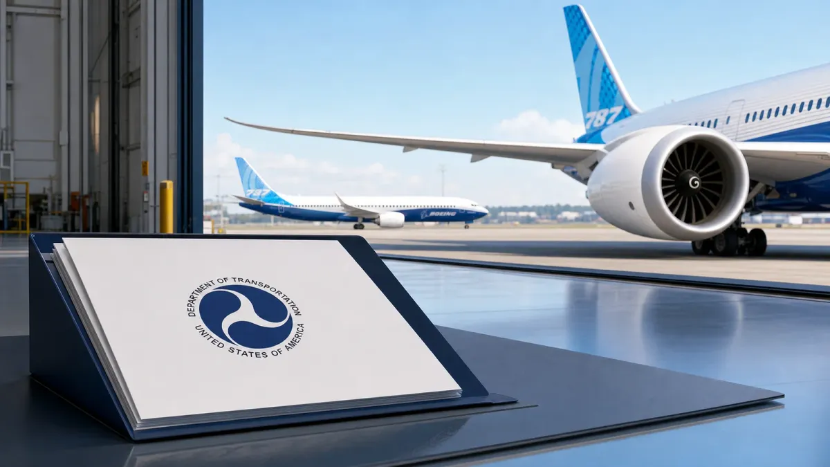 A Boeing aircraft and FAA certification folder shown as a realistic editorial image about aircraft signoff oversight.