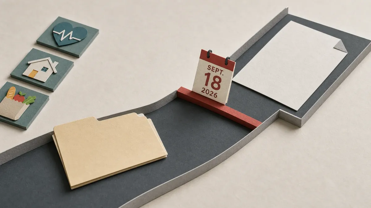 Illustration of an immigration application folder approaching a Sept. 18 review threshold with generic benefit tiles set aside.