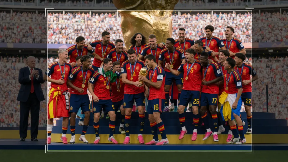 Source-grounded editorial image of Spain's World Cup trophy celebration inside a crop frame, with Donald Trump visible just outside the selected boundary
