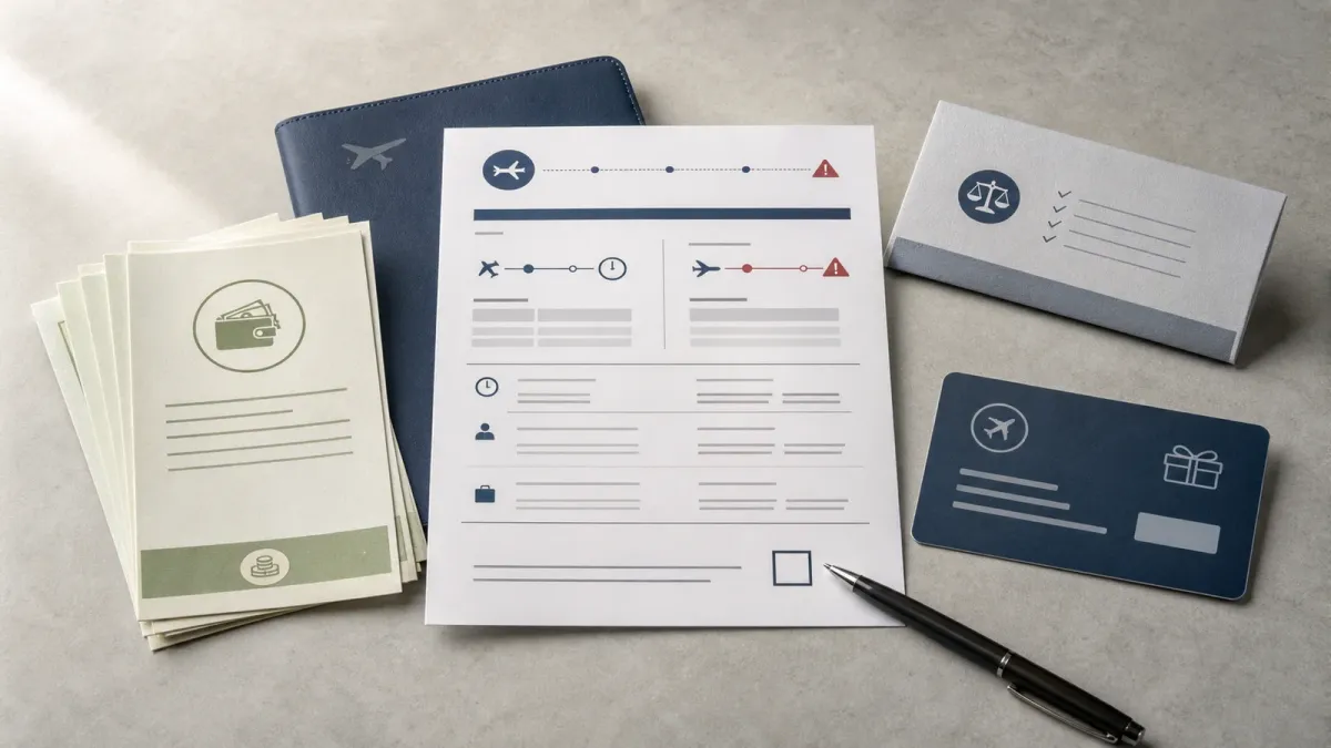 Unbranded travel documents arranged between a cash refund option and a travel credit option.