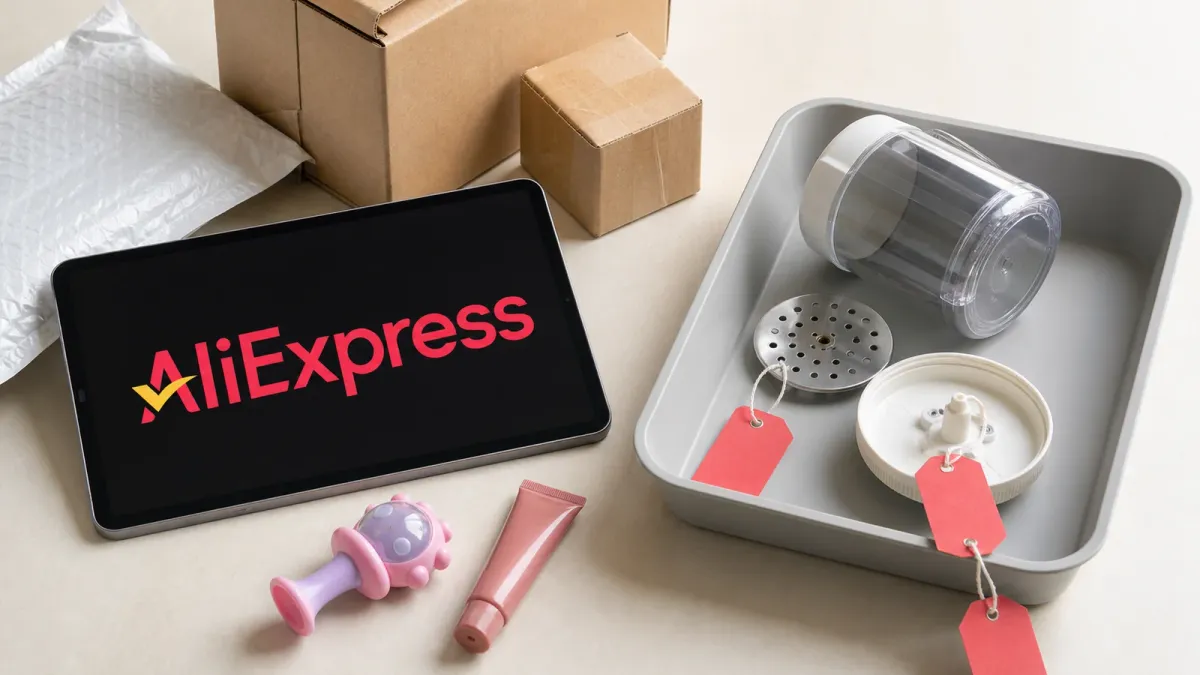 AliExpress branding on a tablet beside parcels and product-safety inspection tags on a worktable