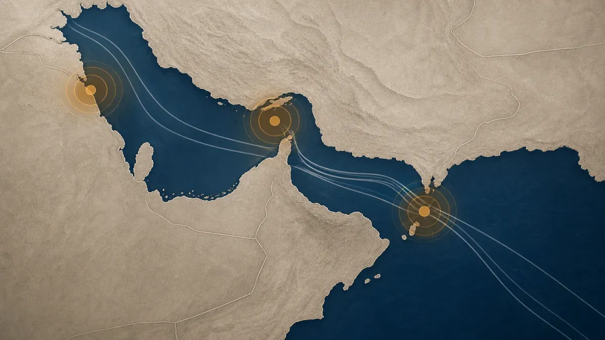 A restrained diagram of Gulf sea lanes and widening risk zones without labels or documentary imagery.
