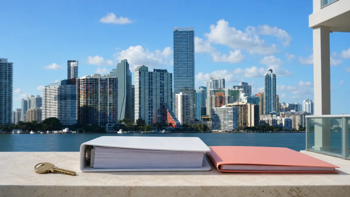 A property key and unmarked condo and permit folders on a ledge overlooking Miami's Brickell skyline
