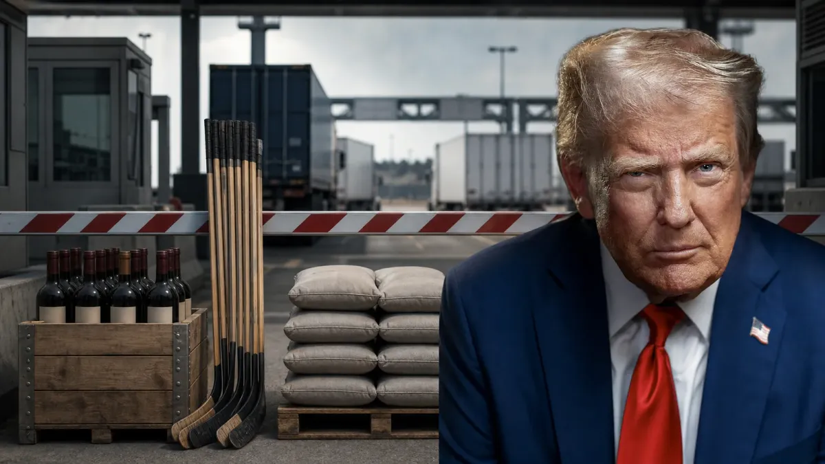 Editorial composite of Donald Trump beside wine, hockey sticks and cement stopped at a customs barrier