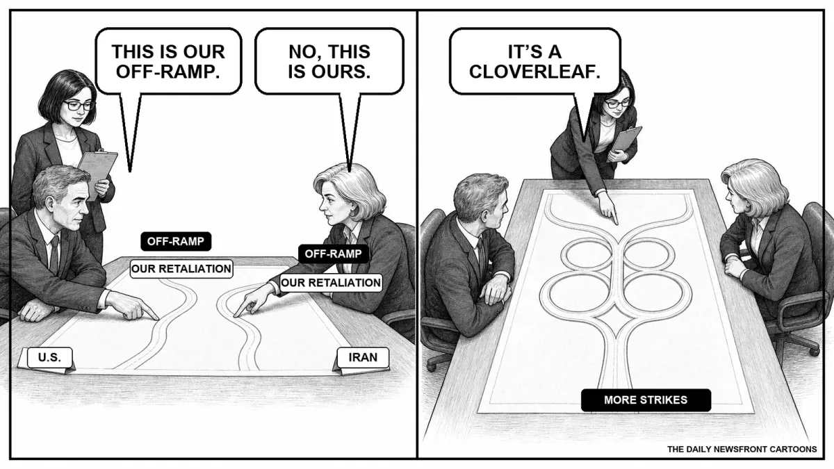 Two-panel black-and-white cartoon: U.S. and Iranian officials each call a retaliation route an off-ramp; a wider view shows both routes looping into MORE STRIKES as analyst Mina Vale says, “It’s a cloverleaf.”