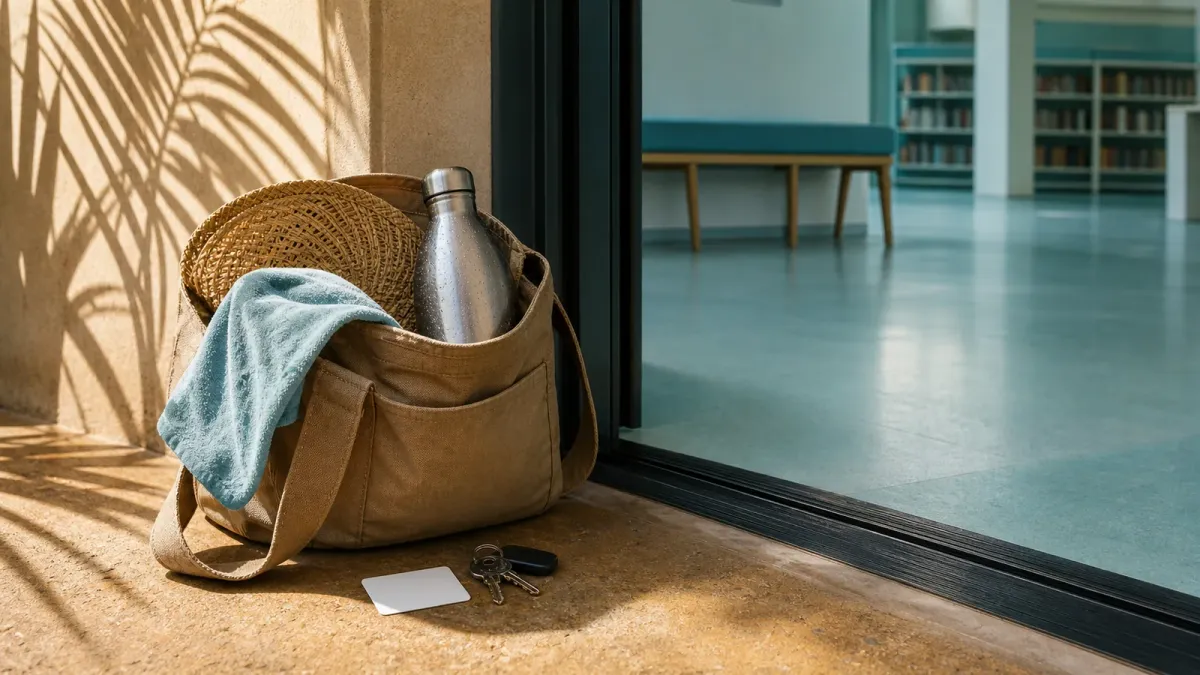 A heat-safety bag with water, a cooling towel and a hat at the entrance to a cool public space.
