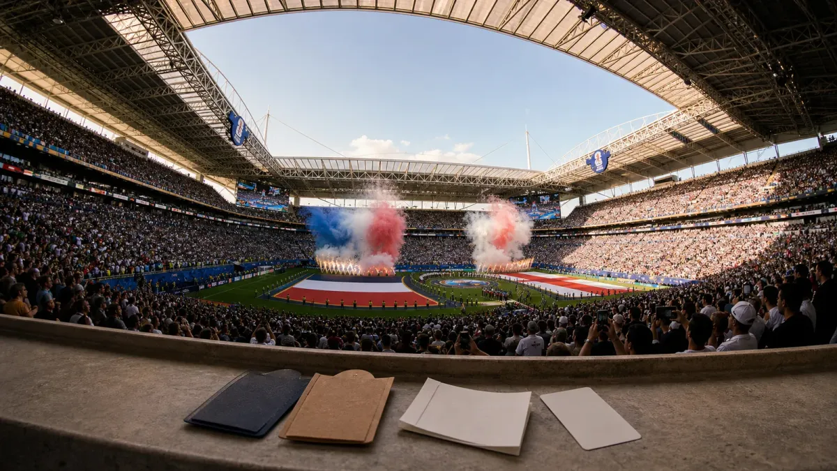 A source-grounded editorial view of a full FIFA World Cup 2026 crowd at Miami Stadium with subtle hotel, dining and transit cues in the foreground.