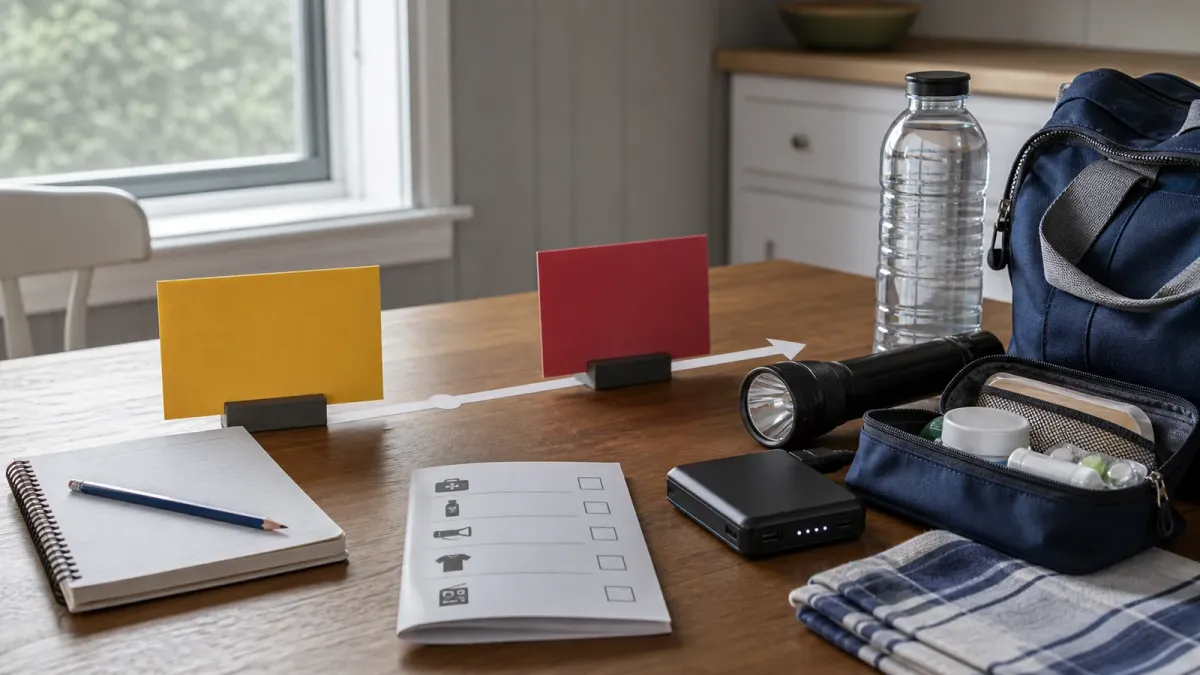 A tabletop storm kit with a flashlight, water, battery pack and plain alert cards arranged as a watch-to-warning checklist.