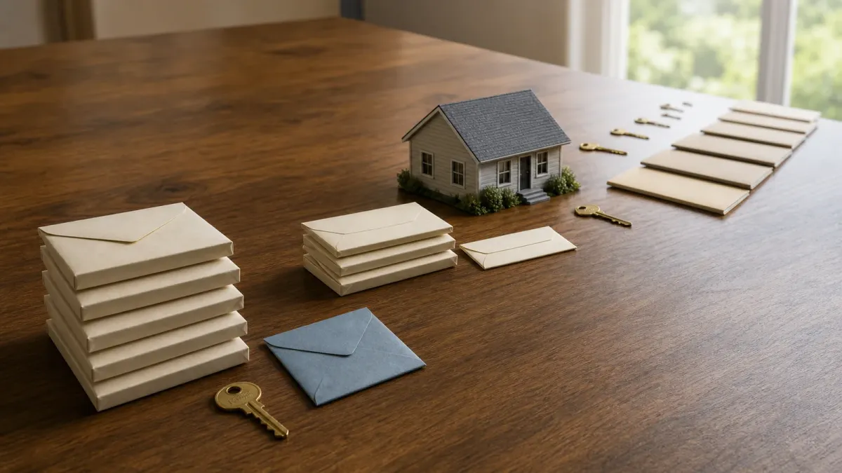 A model starter home and brass key sit beyond two unequal stacks of annual-pay envelopes on a wooden table.