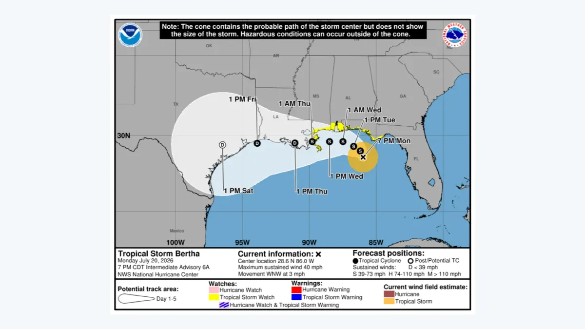 National Hurricane Center cone graphic showing Tropical Storm Bertha tracking near the northern Gulf Coast