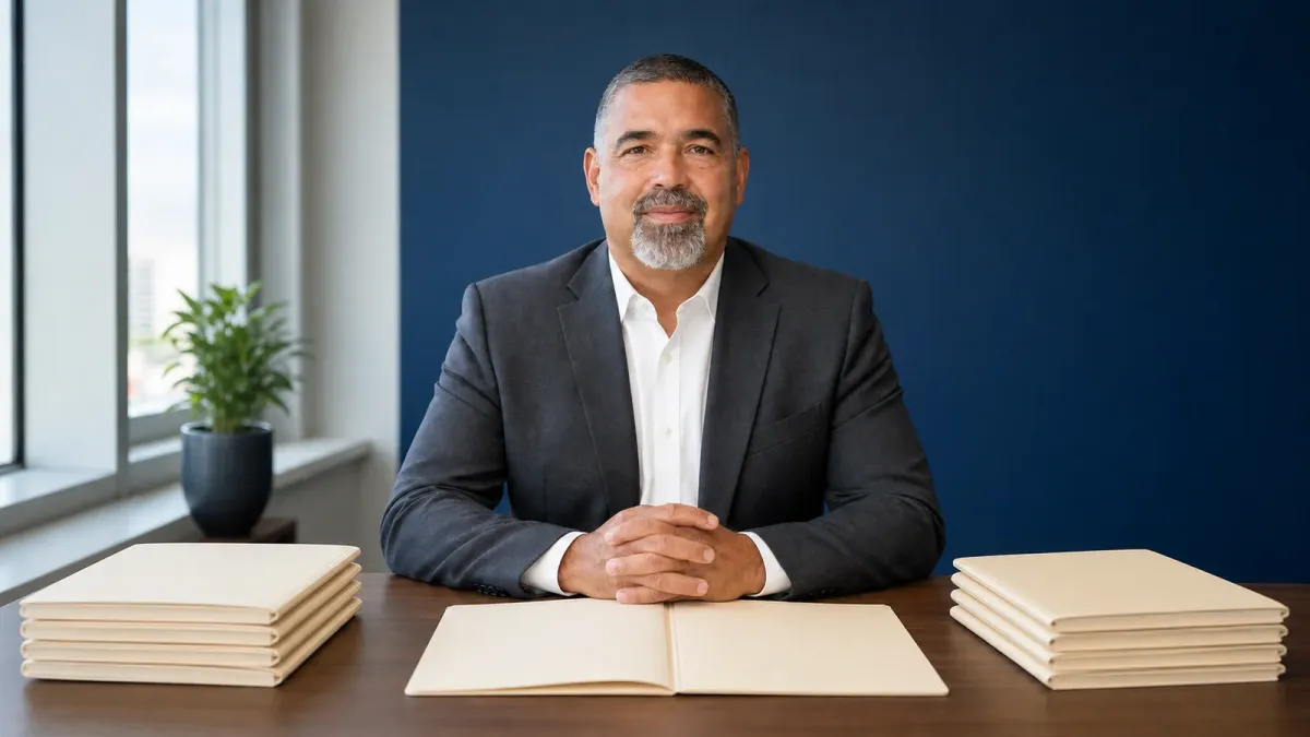 Rafael Villalobos in a source-grounded portrait treatment framed by eight school-board selection folders
