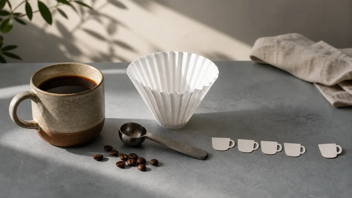 Coffee cup, paper filter and blank cup-count tokens arranged on a tabletop to suggest checking daily caffeine intake.