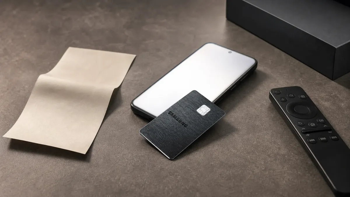 Samsung Galaxy Card and a Samsung Wallet phone staged with neutral spending cues on a tabletop