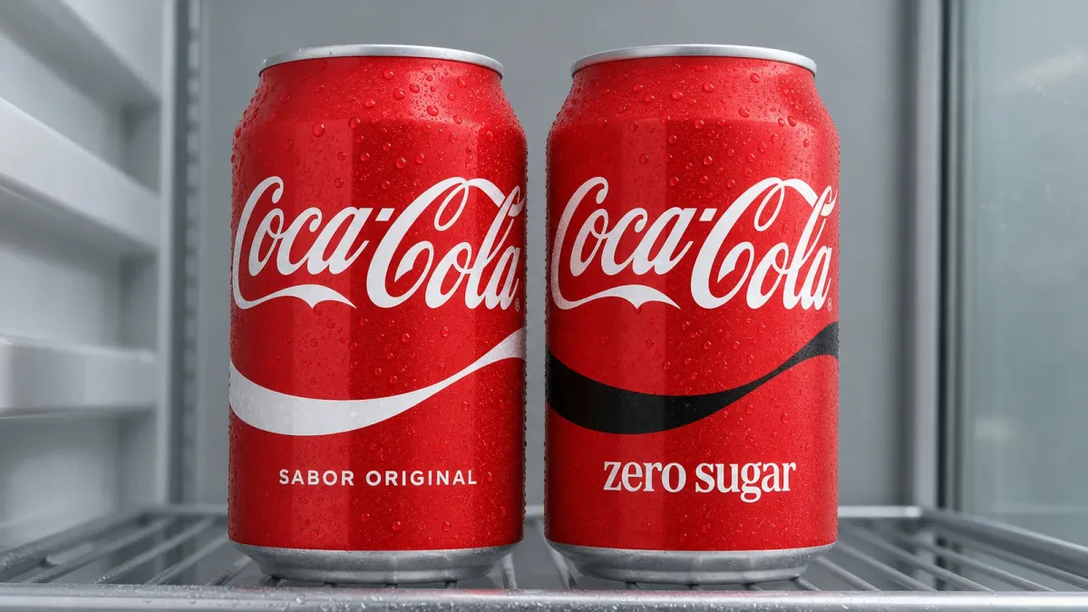 Updated Coca-Cola Original Taste and Zero Sugar cans side by side, distinguished by white and black ribbon designs