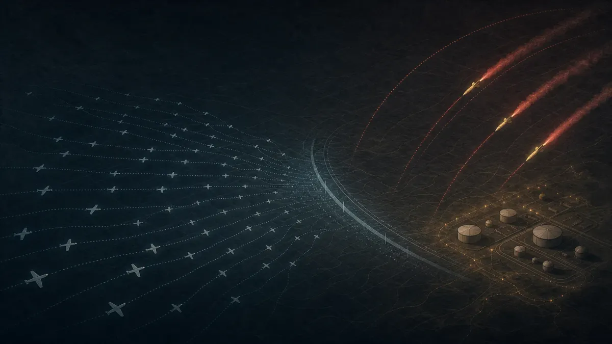 Editorial illustration of drone paths and missile arcs converging over a restrained night map grid