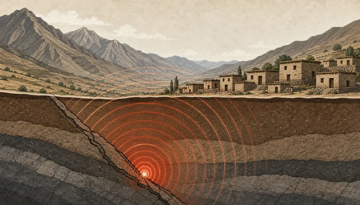 A cutaway diagram shows shallow earthquake waves reaching adobe-style homes in an Andean valley.