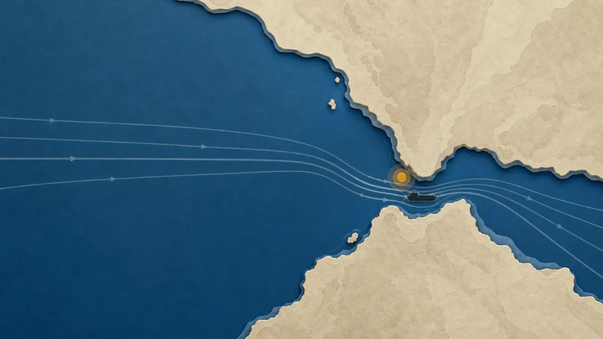An editorial map-style view of a tanker route narrowing through the Strait of Hormuz with restrained oil-market signal lines