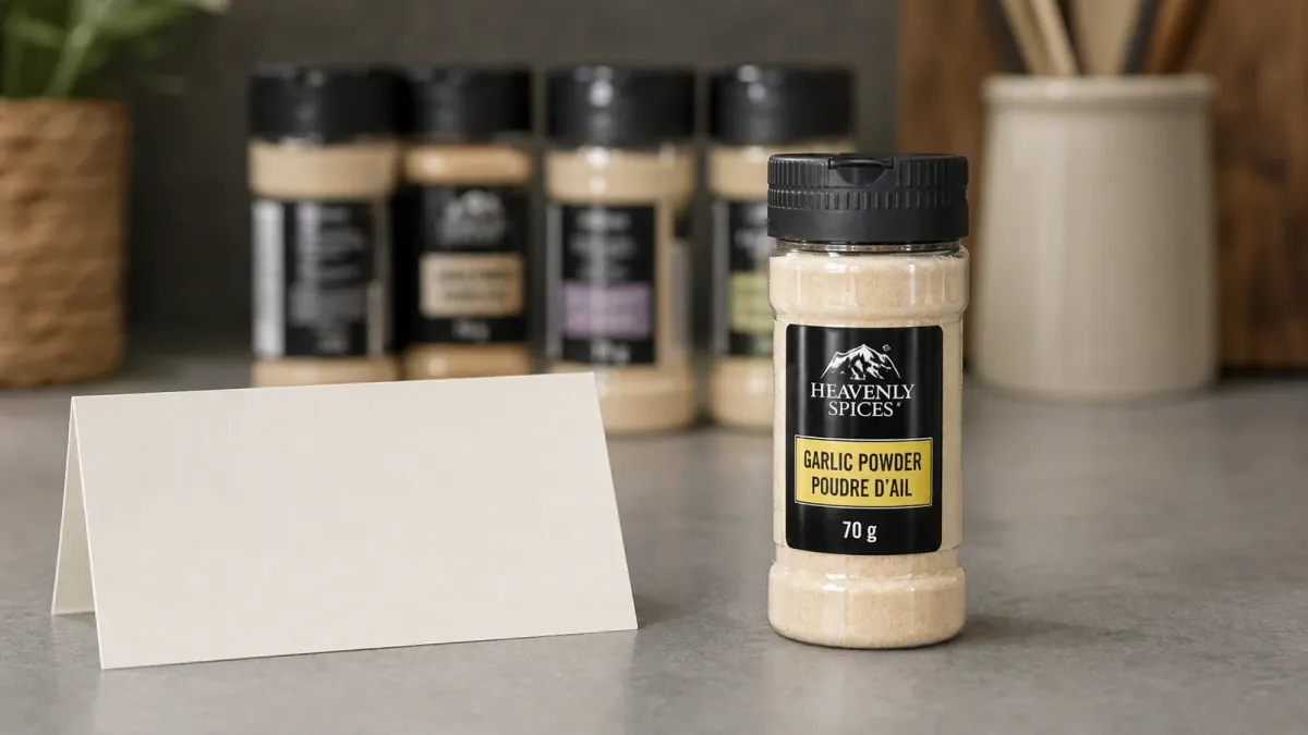 Heavenly Spices Garlic Powder jar set apart for a recall label check