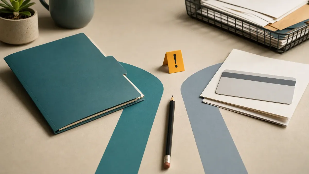 Blank coverage documents and a plain discount card arranged as two separate choices on a desk.