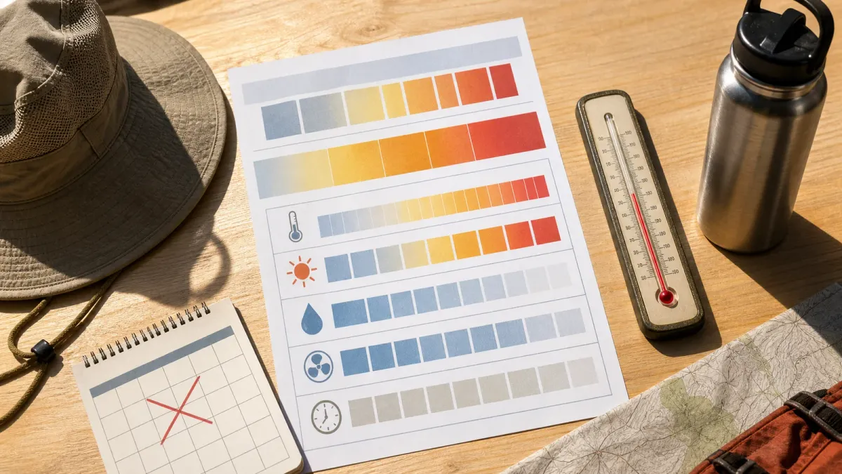 Tabletop heat-safety plan with thermometer, water bottle, hat and abstract forecast color bands