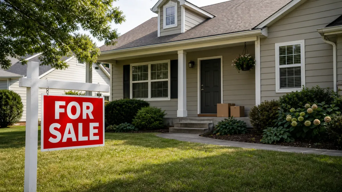 A middle-market single-family house with a red and white For Sale sign in the front yard