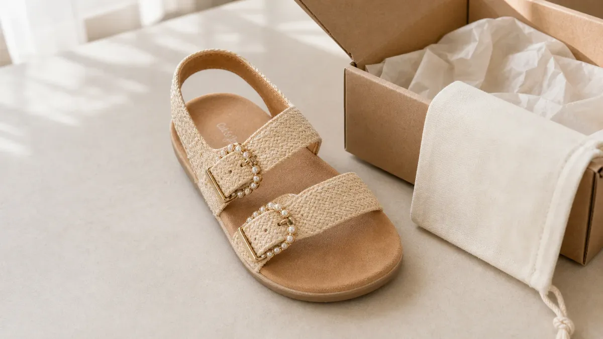Tan Cat & Jack children’s sandal with pearl-decorated straps beside an open return box