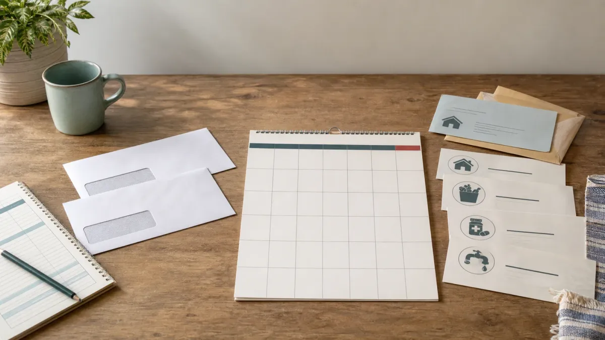 Two benefit envelopes and a household budget worksheet arranged around a calendar page to show an early SSI deposit assigned to August expenses.